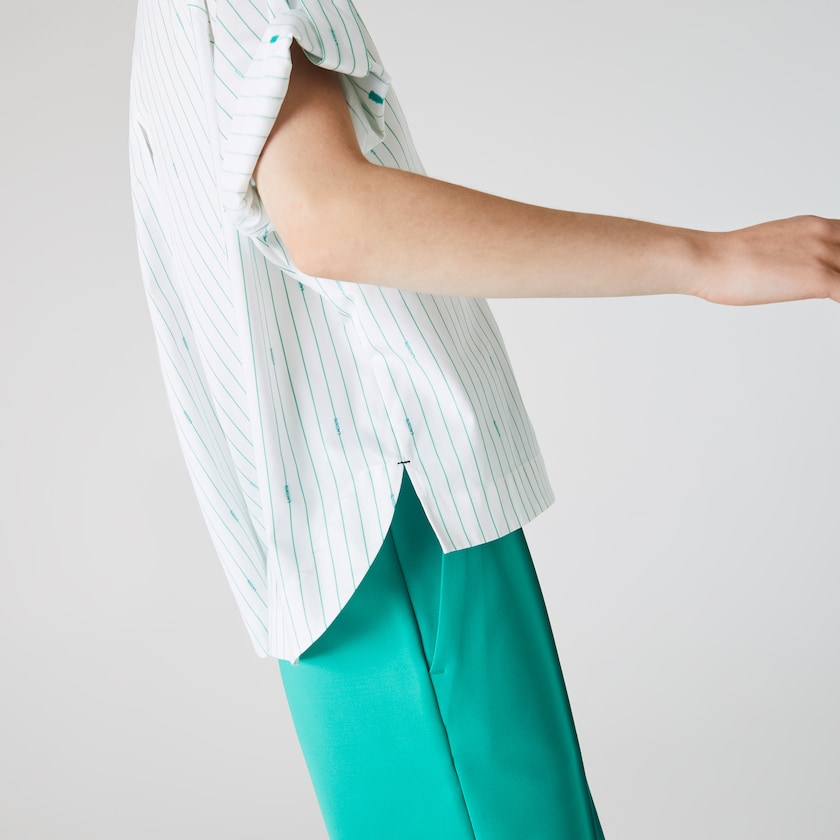 Women's Lacoste White / Green Shirts Oversized Mao Collar Striped Cotton Poplin Blouse UG3-67436T4