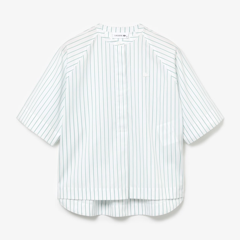 Women's Lacoste White / Green Shirts Oversized Mao Collar Striped Cotton Poplin Blouse UG3-67436T4