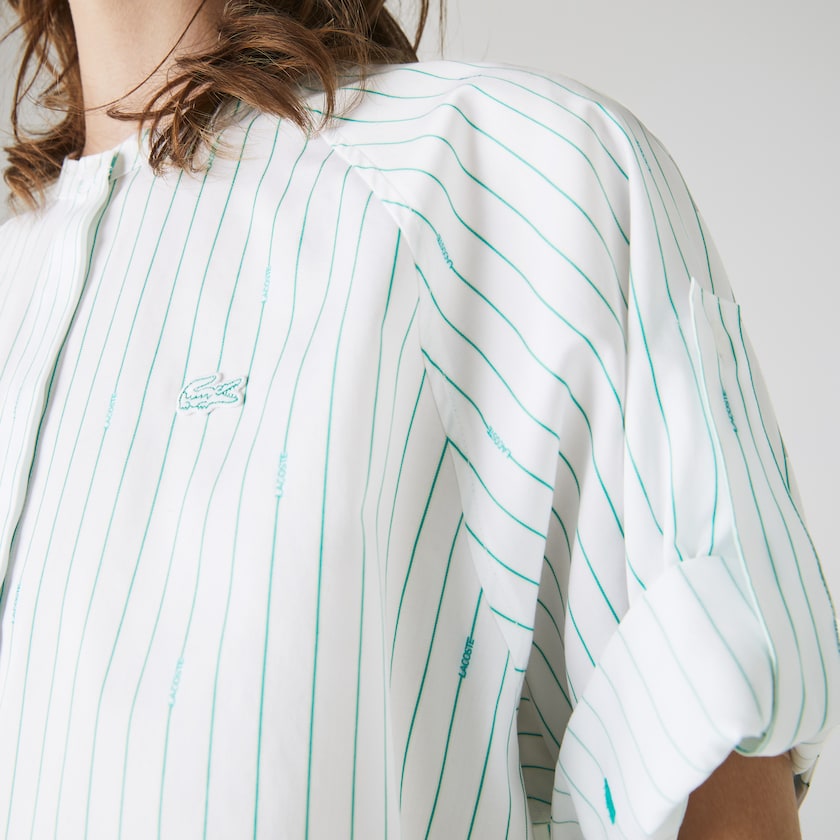 Women's Lacoste White / Green Shirts Oversized Mao Collar Striped Cotton Poplin Blouse UG3-67436T4