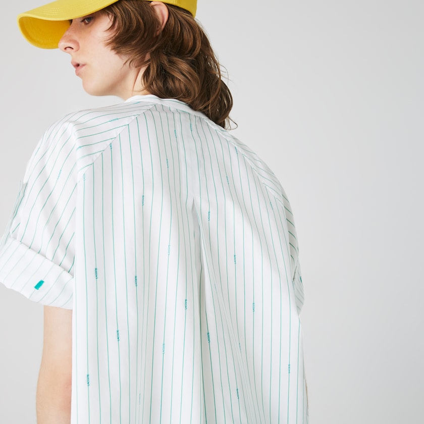 Women's Lacoste White / Green Shirts Oversized Mao Collar Striped Cotton Poplin Blouse UG3-67436T4
