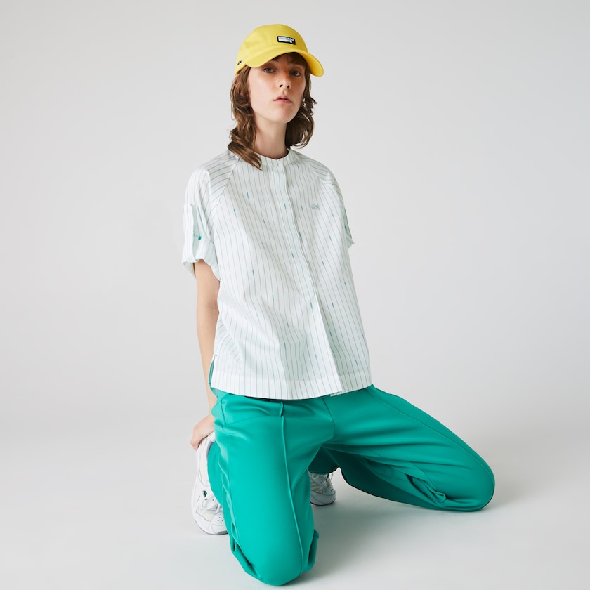Women's Lacoste White / Green Shirts Oversized Mao Collar Striped Cotton Poplin Blouse UG3-67436T4