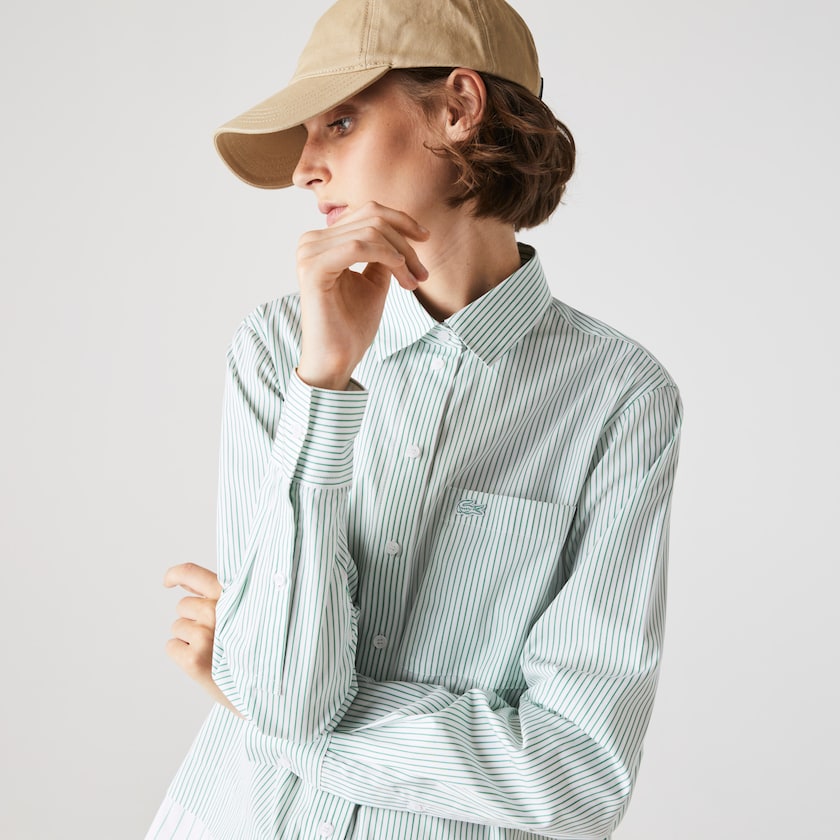 Women's Lacoste White / Green Shirts Regular Fit Trompe-L'œil Cotton Poplin BO2-72347U8