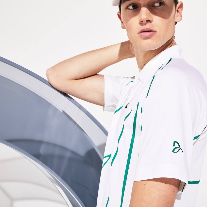 Men's Lacoste White / Green Shirts SPORT Novak Djokovic Printed Breathable Polo AS7-51265Y4