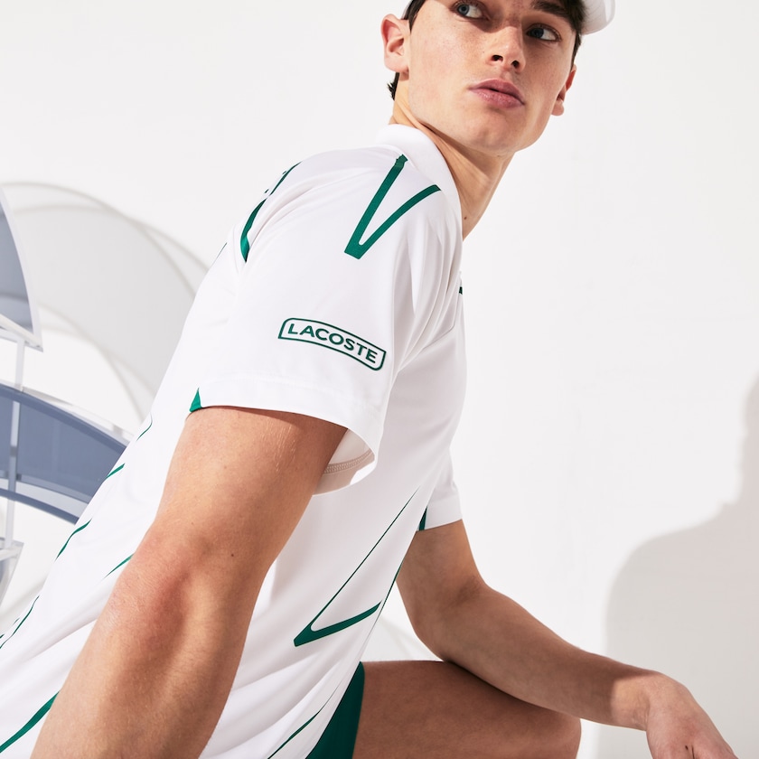 Men's Lacoste White / Green Shirts SPORT Novak Djokovic Printed Breathable Polo AS7-51265Y4