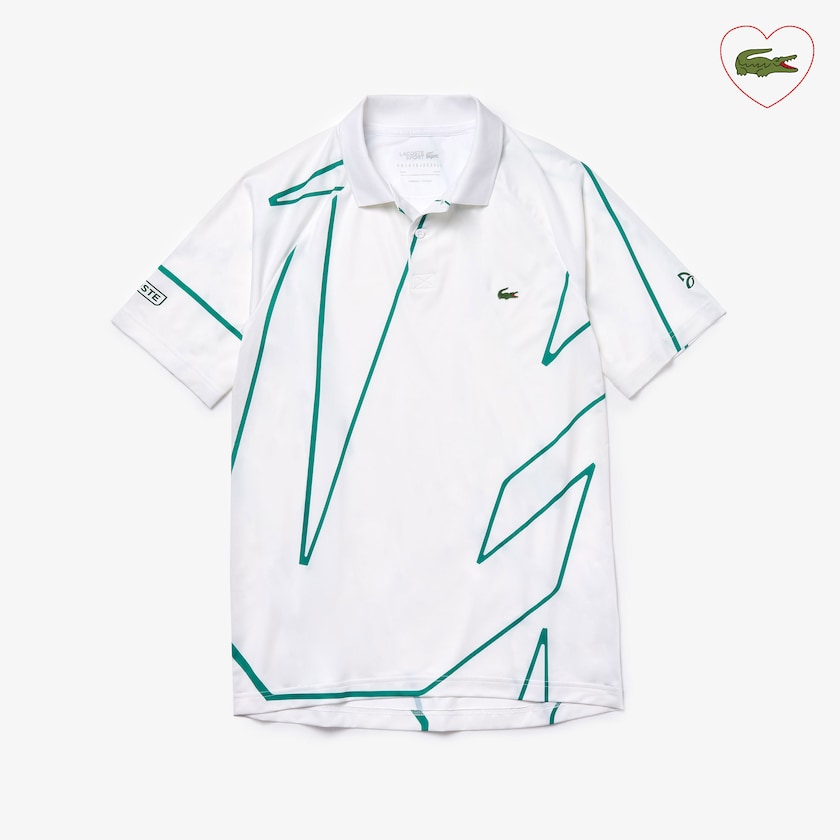 Men's Lacoste White / Green Shirts SPORT Novak Djokovic Printed Breathable Polo AS7-51265Y4