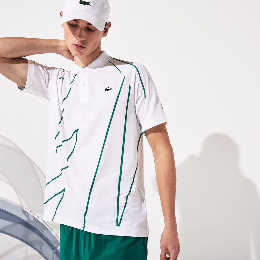 Men's Lacoste White / Green Shirts SPORT Novak Djokovic Printed Breathable Polo AS7-51265Y4
