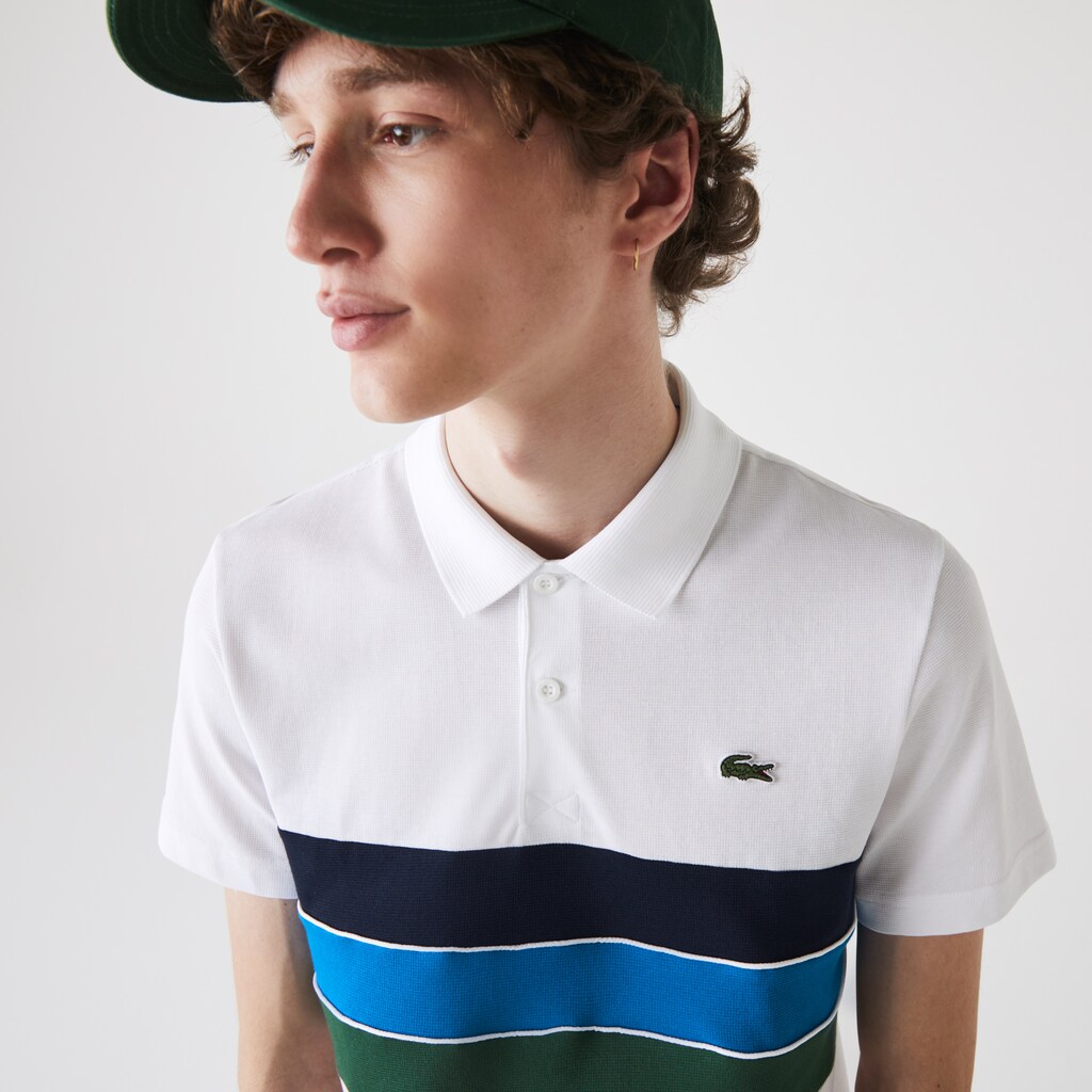 Men's Lacoste White / Green / Blue / Navy Blue / White Polo Shirts SPORT Tricolor Paneled Lightweight Cotton UJ0-38363Q5