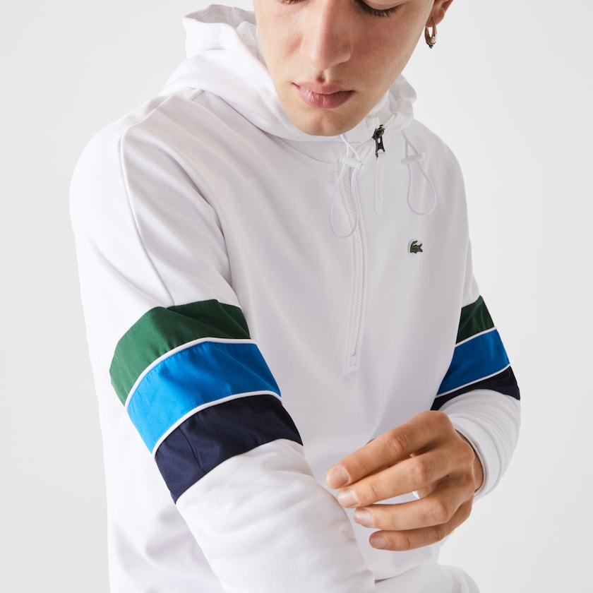 Men's Lacoste White / Green / Blue / Navy Blue / White Sweatshirts SPORT Hooded Colorblock Fleece RI5-96779J7