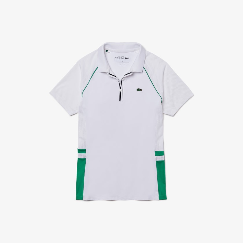 Women's Lacoste White / Green / Navy Blue Polo Shirts SPORT Mixed-Matterial Breathable Stretch Tennis XY1-03690U6