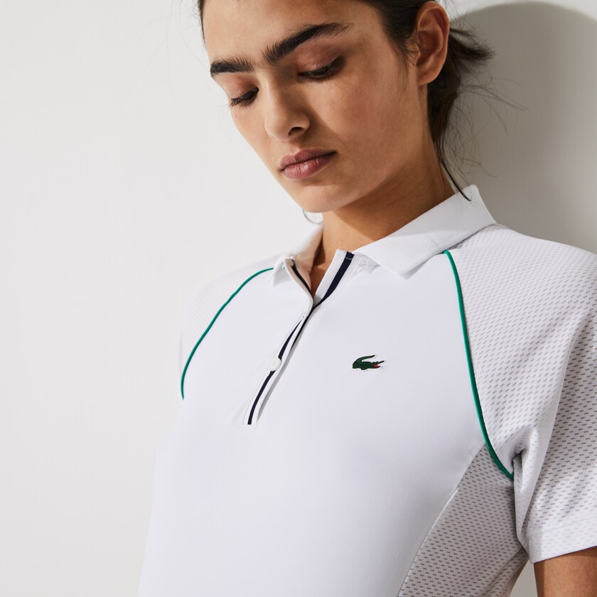 Women's Lacoste White / Green / Navy Blue Polo Shirts SPORT Mixed-Matterial Breathable Stretch Tennis XY1-03690U6