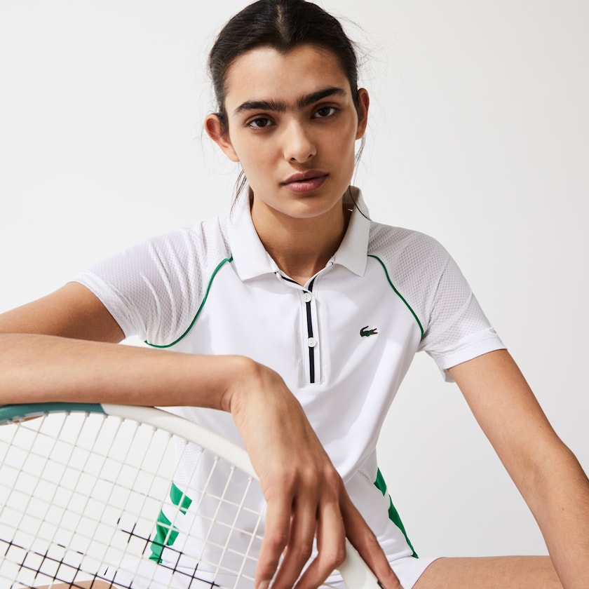 Women's Lacoste White / Green / Navy Blue Polo Shirts SPORT Mixed-Matterial Breathable Stretch Tennis XY1-03690U6
