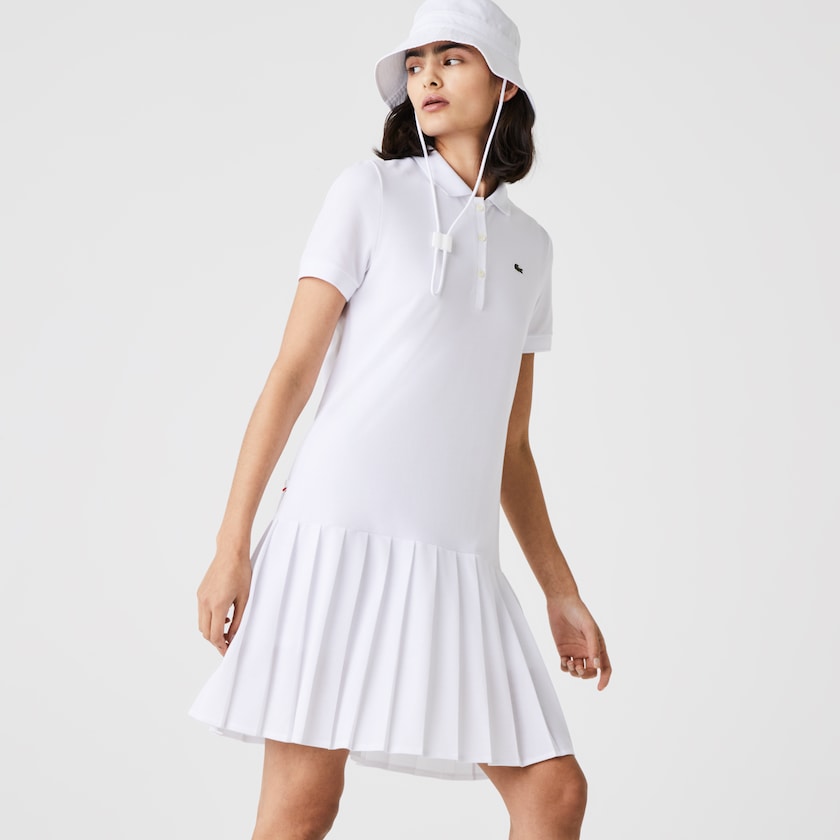 Women's Lacoste White / Green / Navy Blue Polo Dress SPORT Roland Garros Pleated XK1-90799R1