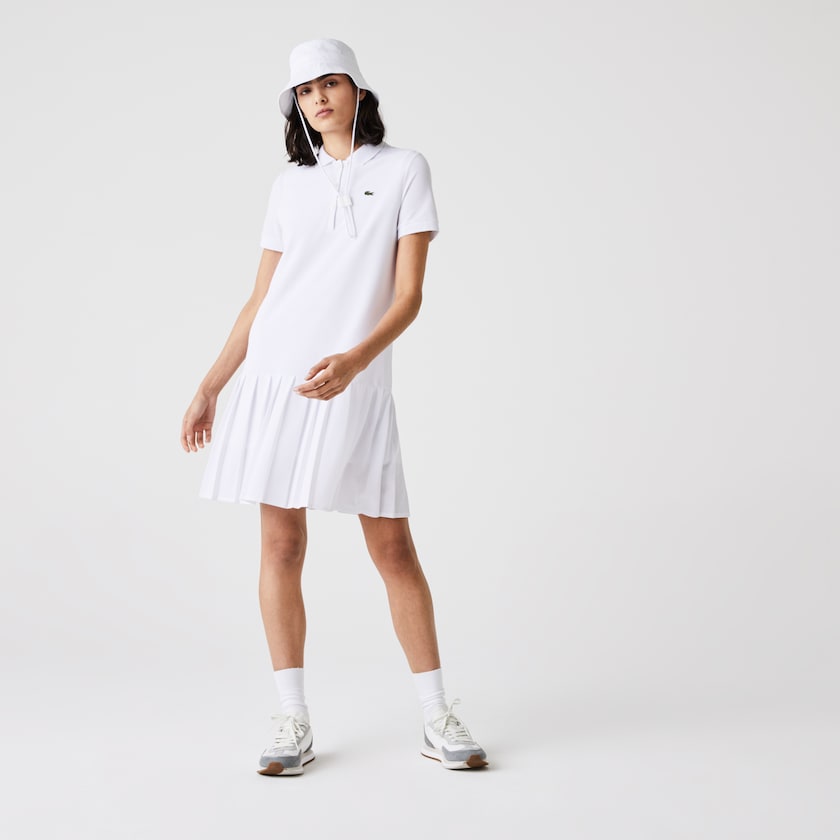 Women's Lacoste White / Green / Navy Blue Polo Dress SPORT Roland Garros Pleated XK1-90799R1