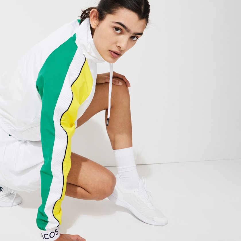 Women's Lacoste White / Green / Yellow / Navy Blue Jackets SPORT Water-Resistant Zip Tennis SM0-31443S8