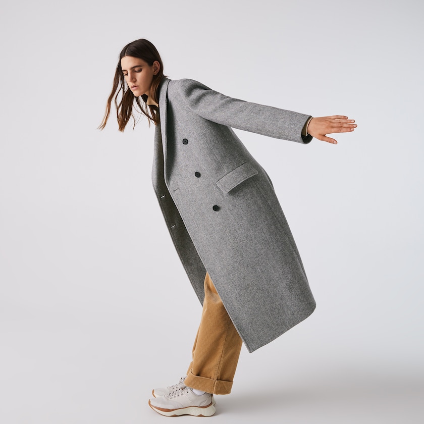Women's Lacoste White / Grey Coats Double-Breasted Chevron Long Wool Blend QO5-21302Y3