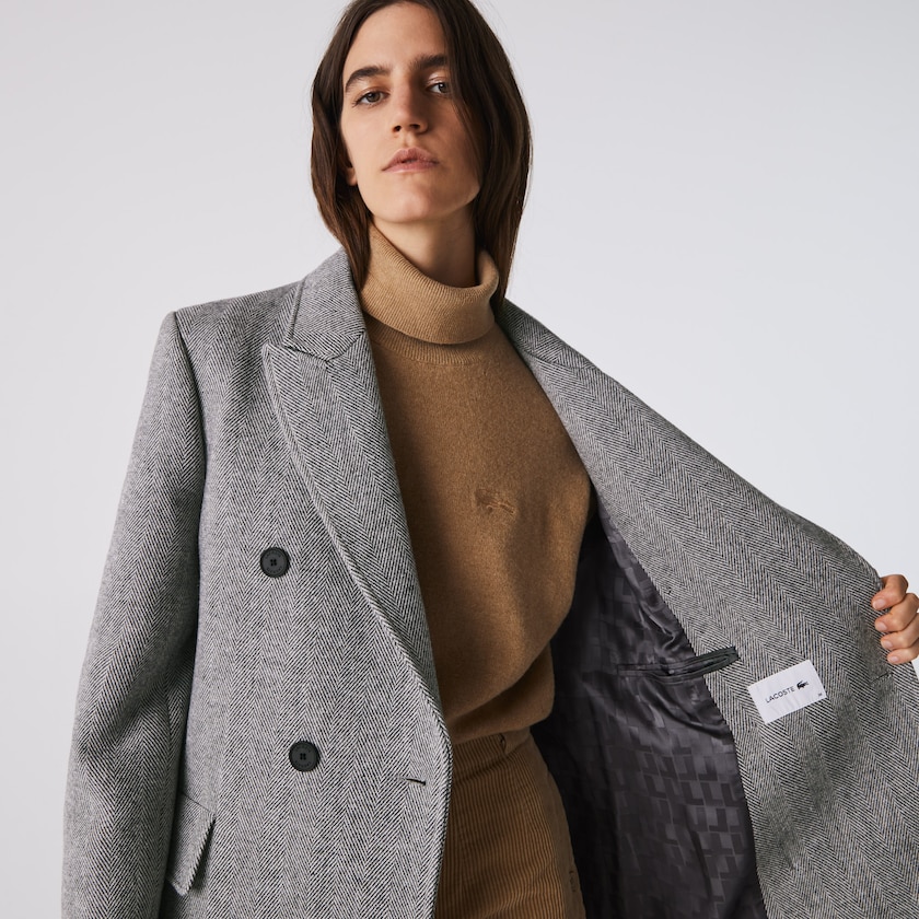 Women's Lacoste White / Grey Coats Double-Breasted Chevron Long Wool Blend QO5-21302Y3