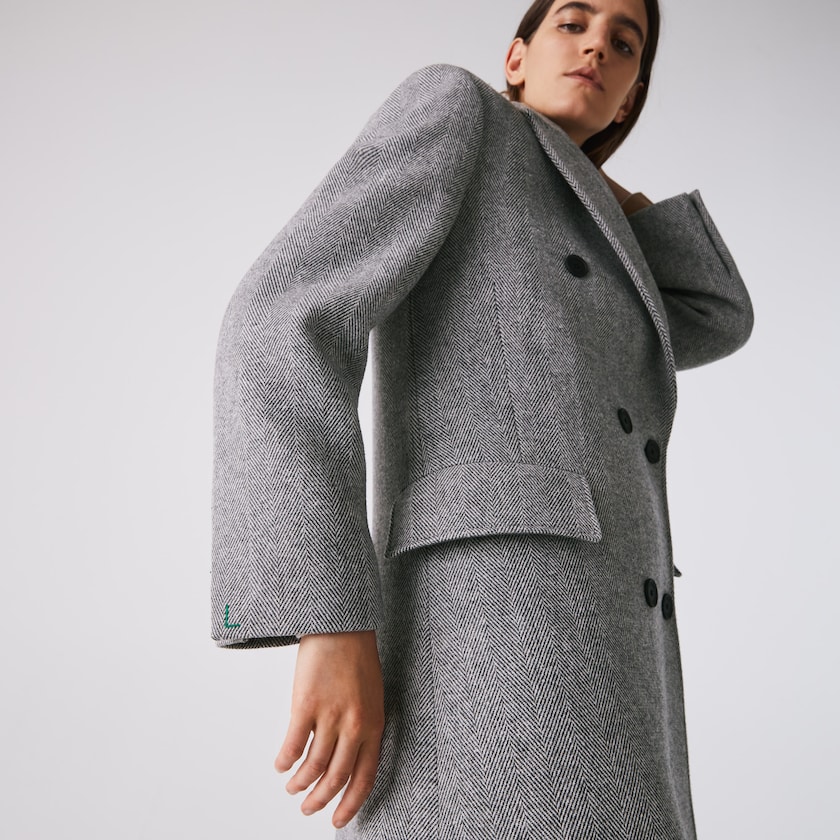 Women's Lacoste White / Grey Coats Double-Breasted Chevron Long Wool Blend QO5-21302Y3