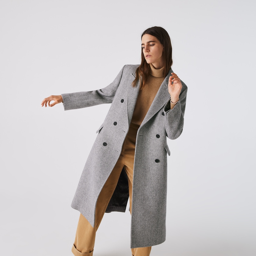 Women's Lacoste White / Grey Coats Double-Breasted Chevron Long Wool Blend QO5-21302Y3