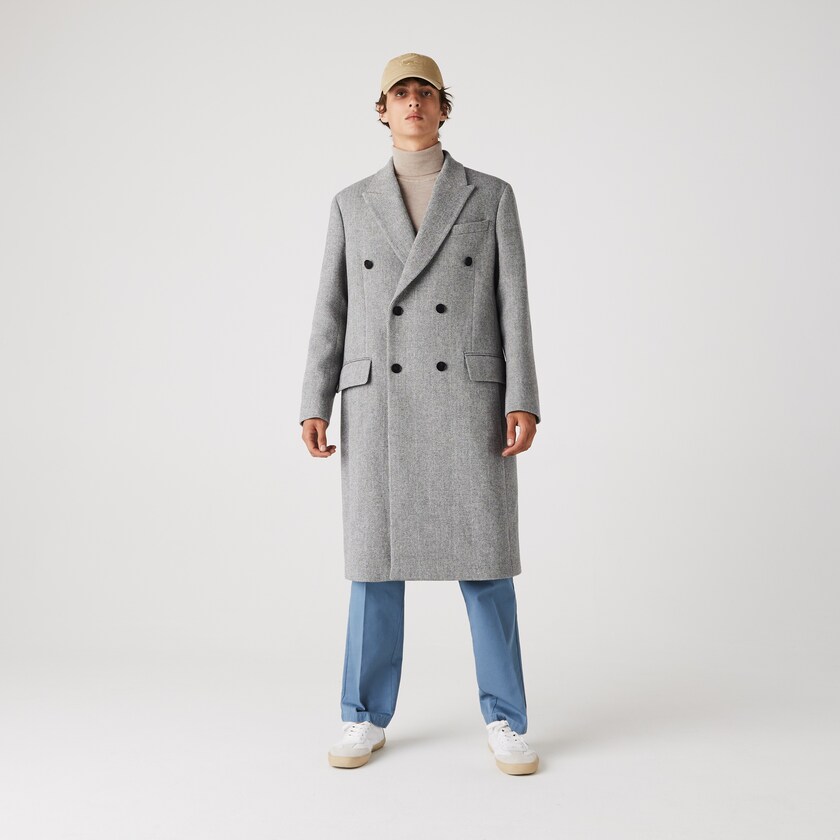 Men's Lacoste White / Grey Coats Long Double-Breasted Herringbone Wool XC9-63666T7
