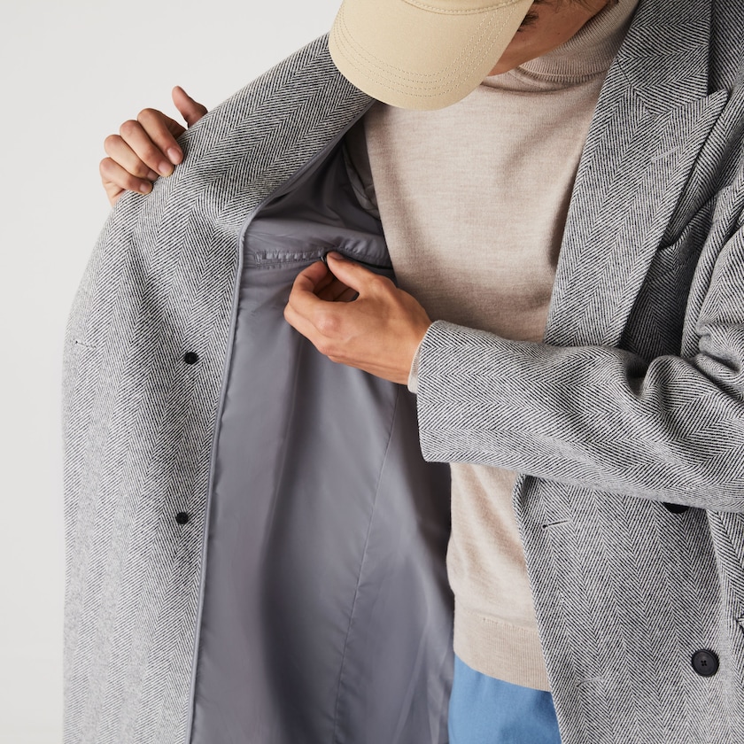 Men's Lacoste White / Grey Coats Long Double-Breasted Herringbone Wool XC9-63666T7