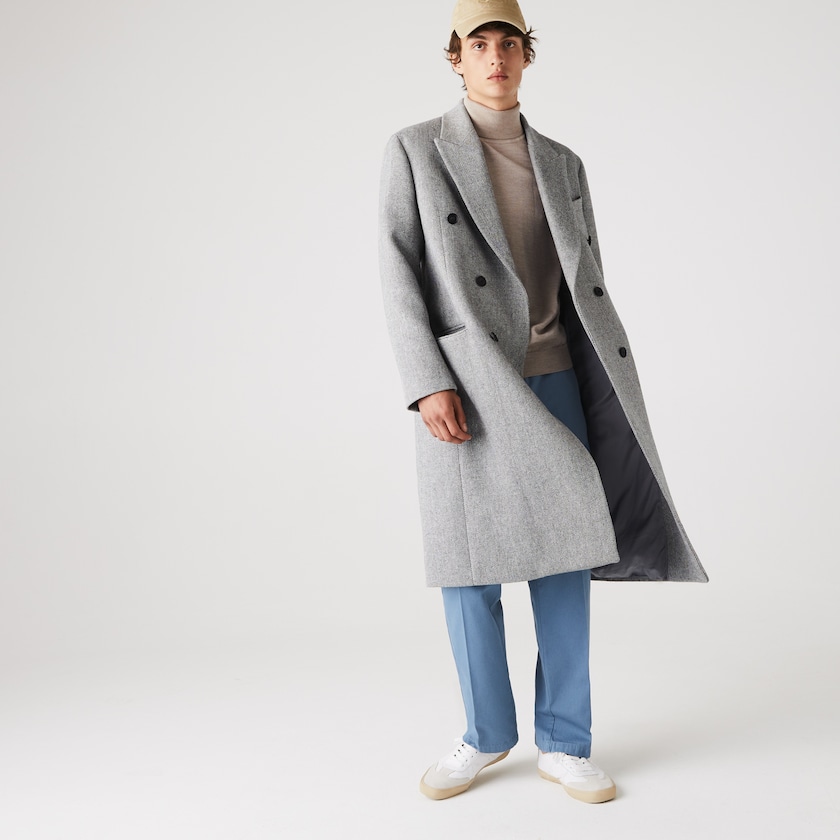Men's Lacoste White / Grey Coats Long Double-Breasted Herringbone Wool XC9-63666T7