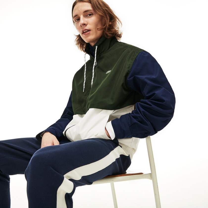 Men's Lacoste White / Khaki Green / Navy Blue Jackets Water-Resistant Full-Zip RS4-54735B6