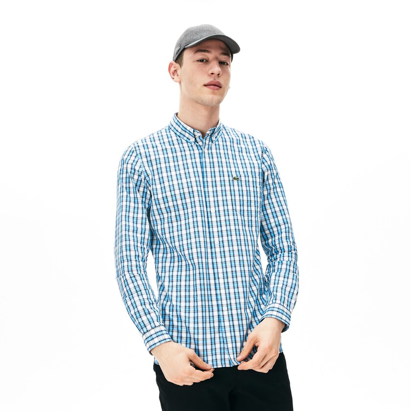 Men's Lacoste White / Light Blue Shirts Slim Fit Cotton Oxford NT5-84418F7