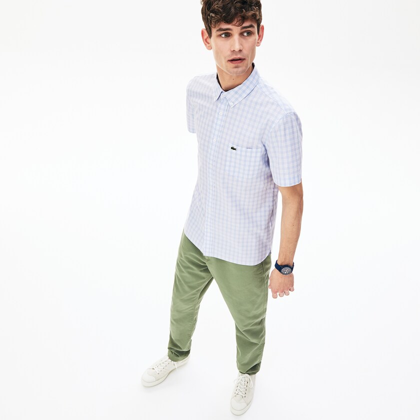 Men's Lacoste White / Light Blue Shirts Slim Fit Short-Sleeve Wool EX7-62416R2
