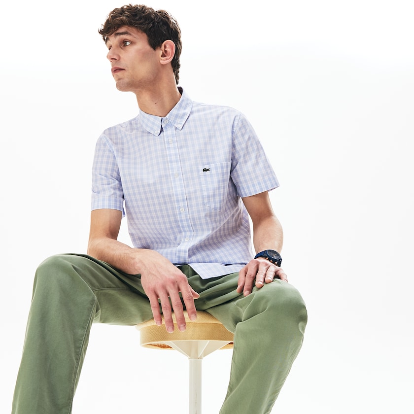 Men's Lacoste White / Light Blue Shirts Slim Fit Short-Sleeve Wool EX7-62416R2