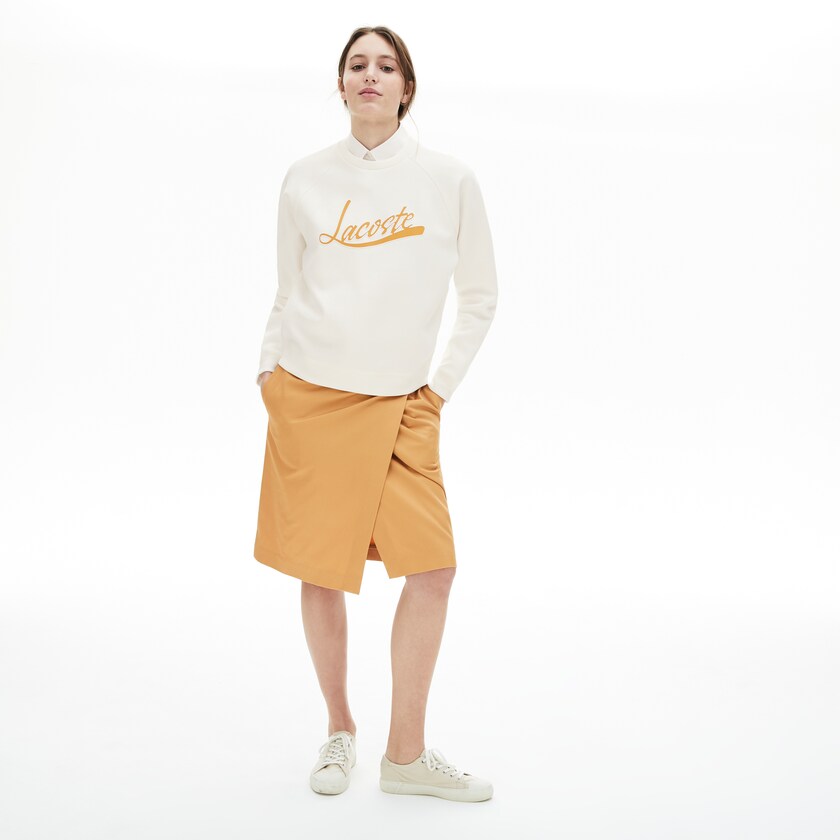 Women's Lacoste White / Light Brown Sweatshirts Signature Print Crew Neck ZX6-49684T7