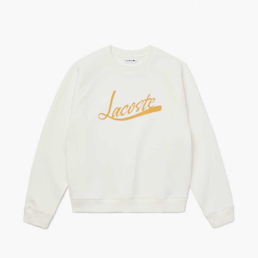 Women's Lacoste White / Light Brown Sweatshirts Signature Print Crew Neck ZX6-49684T7