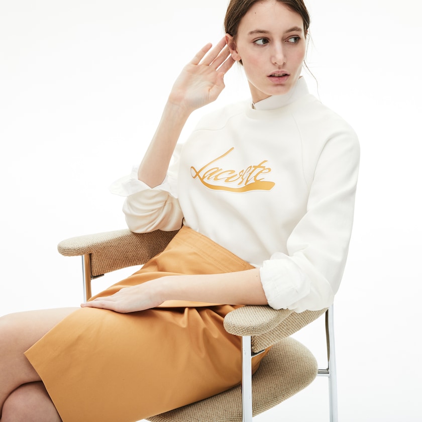 Women's Lacoste White / Light Brown Sweatshirts Signature Print Crew Neck ZX6-49684T7