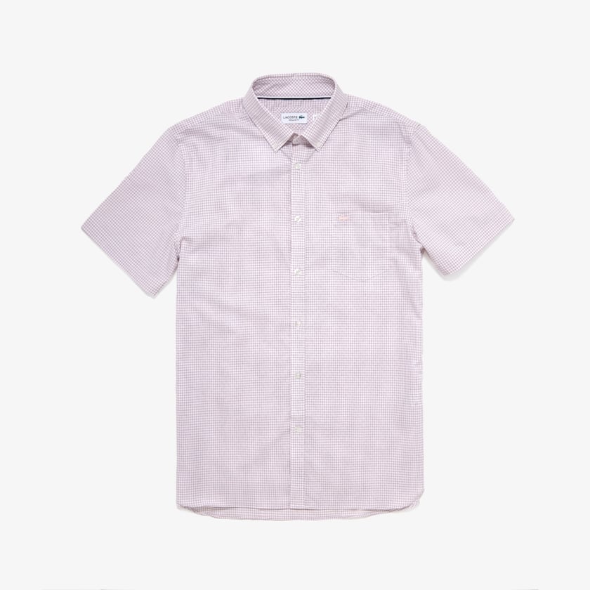 Men's Lacoste White / Light Pink Shirts Regular- Fit Checkered Cotton BA8-07050W3