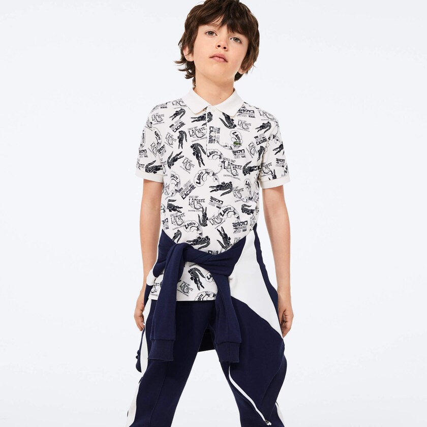 Kids' Lacoste White / Navy Blue Polo Shirts All-Over Croc Print Cotton Petit Piqué RF0-11411X5