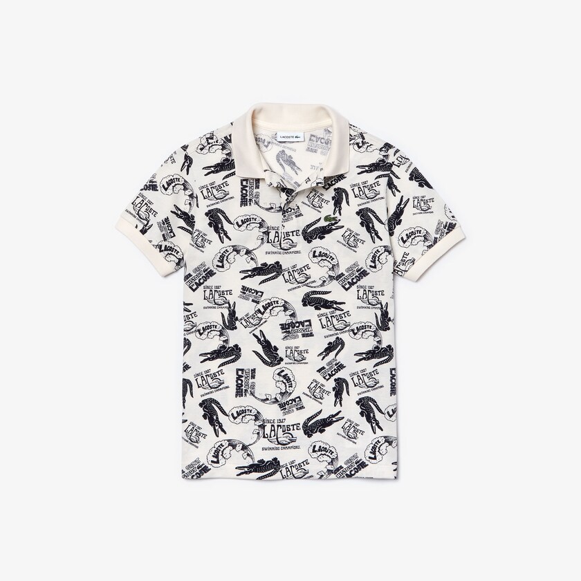 Kids' Lacoste White / Navy Blue Polo Shirts All-Over Croc Print Cotton Petit Piqué RF0-11411X5