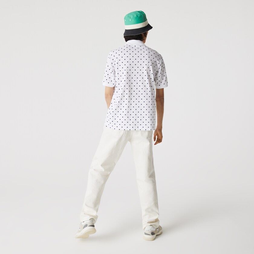 Men's Lacoste White / Navy Blue Polo Shirts Classic Fit Polka Dot Cotton Piqué PM4-49114U1