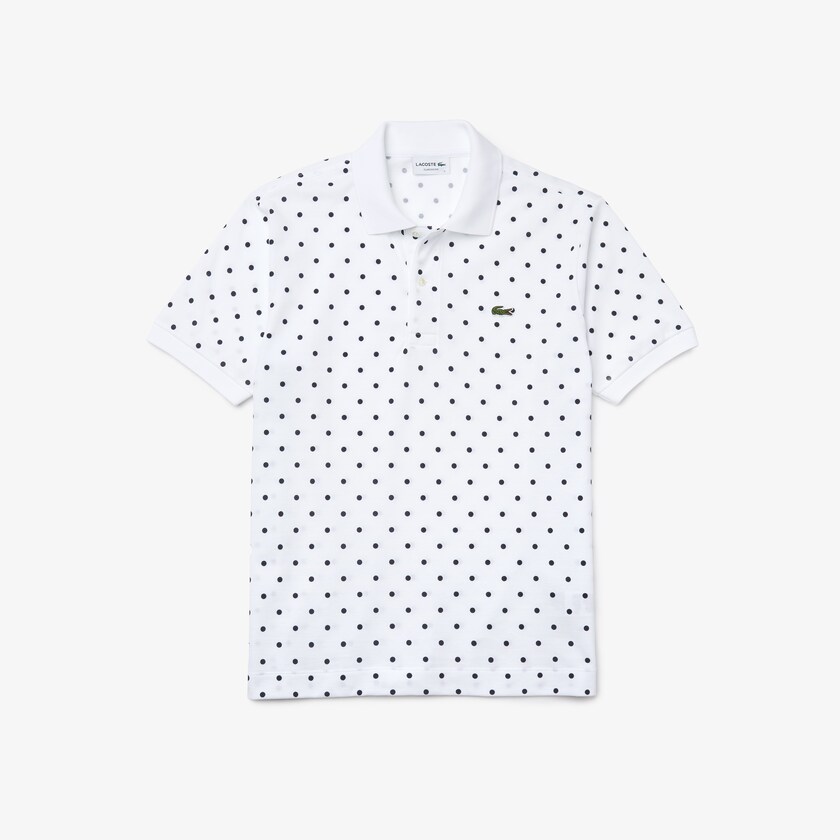 Men's Lacoste White / Navy Blue Polo Shirts Classic Fit Polka Dot Cotton Piqué PM4-49114U1