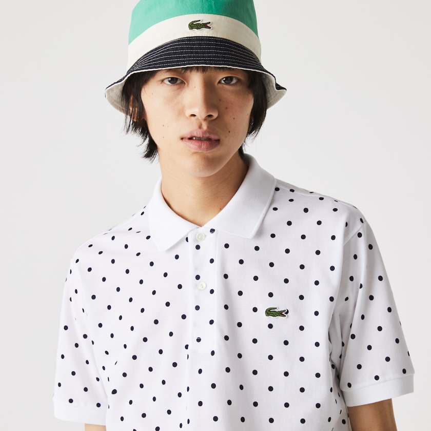 Men's Lacoste White / Navy Blue Polo Shirts Classic Fit Polka Dot Cotton Piqué PM4-49114U1