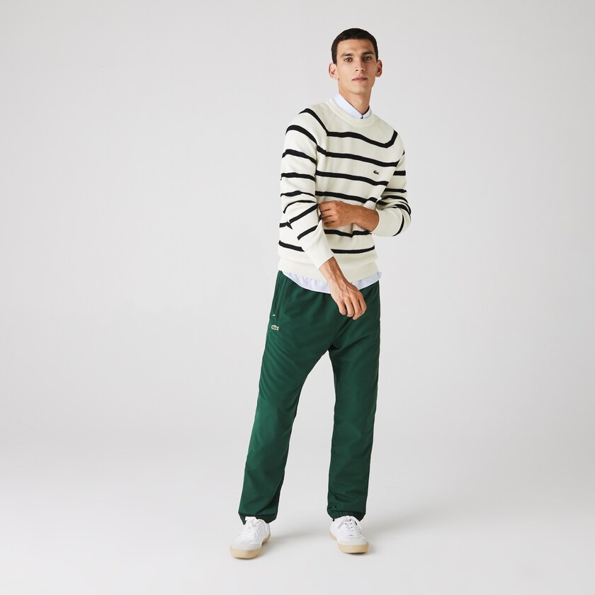 Men's Lacoste White / Navy Blue Sweaters Crew Neck Striped Ribbed Wool HC2-56855T4