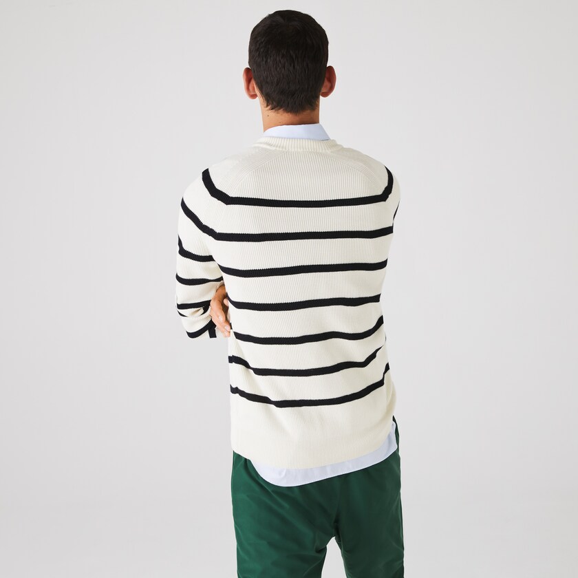Men's Lacoste White / Navy Blue Sweaters Crew Neck Striped Ribbed Wool HC2-56855T4