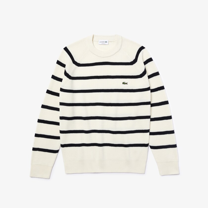 Men's Lacoste White / Navy Blue Sweaters Crew Neck Striped Ribbed Wool HC2-56855T4