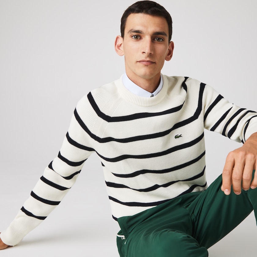 Men's Lacoste White / Navy Blue Sweaters Crew Neck Striped Ribbed Wool HC2-56855T4