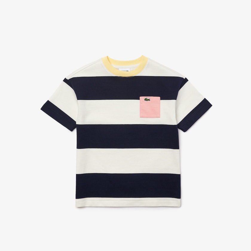 Kids' Lacoste White / Navy Blue T Shirts Crewneck Rugby Striped Cotton XT2-31253V3