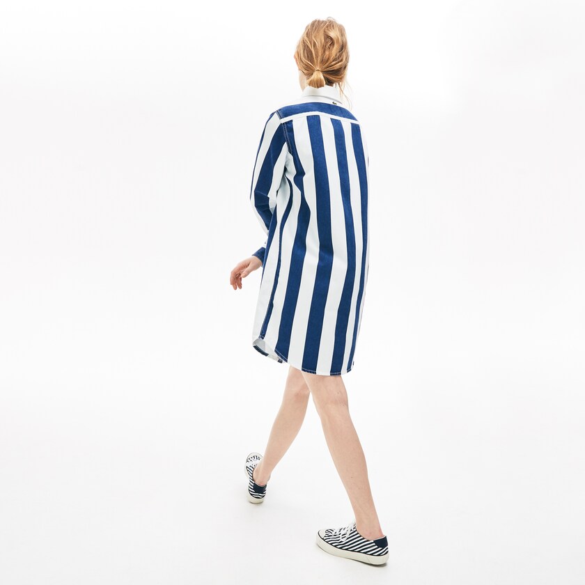 Women's Lacoste White / Navy Blue Dress LIVE Striped Cotton Shirtdress AD7-93019W2