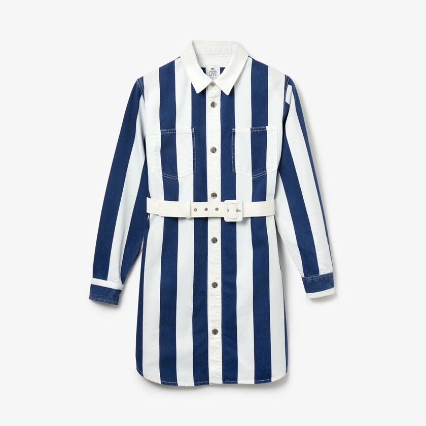 Women's Lacoste White / Navy Blue Dress LIVE Striped Cotton Shirtdress AD7-93019W2