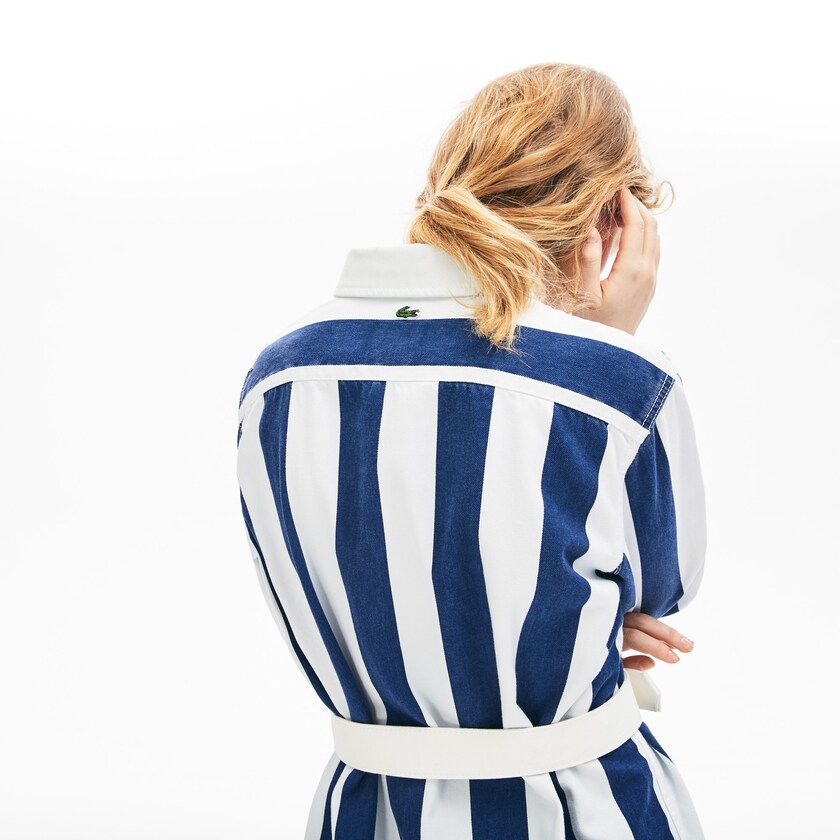 Women's Lacoste White / Navy Blue Dress LIVE Striped Cotton Shirtdress AD7-93019W2