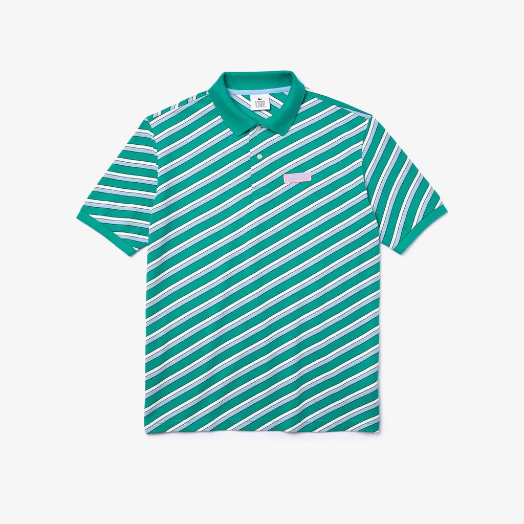Men's Lacoste White / Navy Blue Polo Shirts LIVE Striped Cotton Piqué DR4-25782W3
