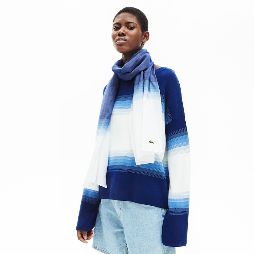 Women's Lacoste White / Navy Blue Scarves Made In France Gradated Print Organic Cotton JD7-45574O2