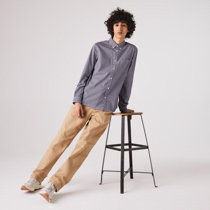 Men's Lacoste White / Navy Blue Shirts Regular Fit Gingham Cotton Poplin RA6-48284T8