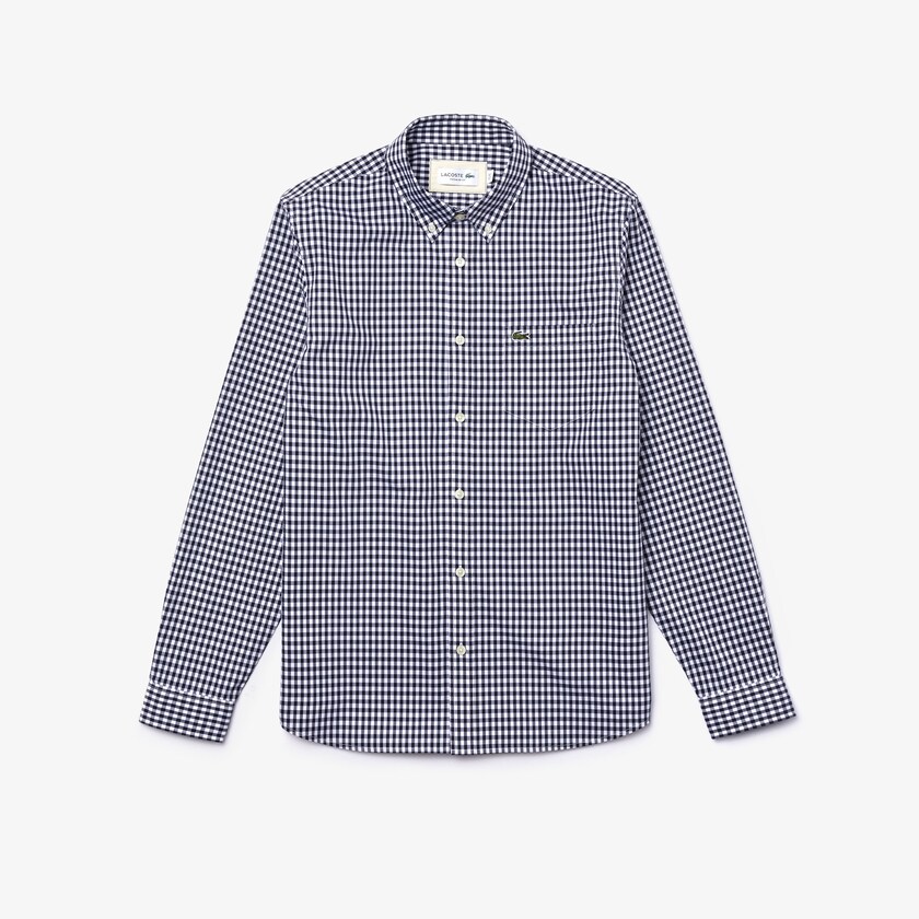 Men's Lacoste White / Navy Blue Shirts Regular Fit Gingham Cotton Poplin RA6-48284T8